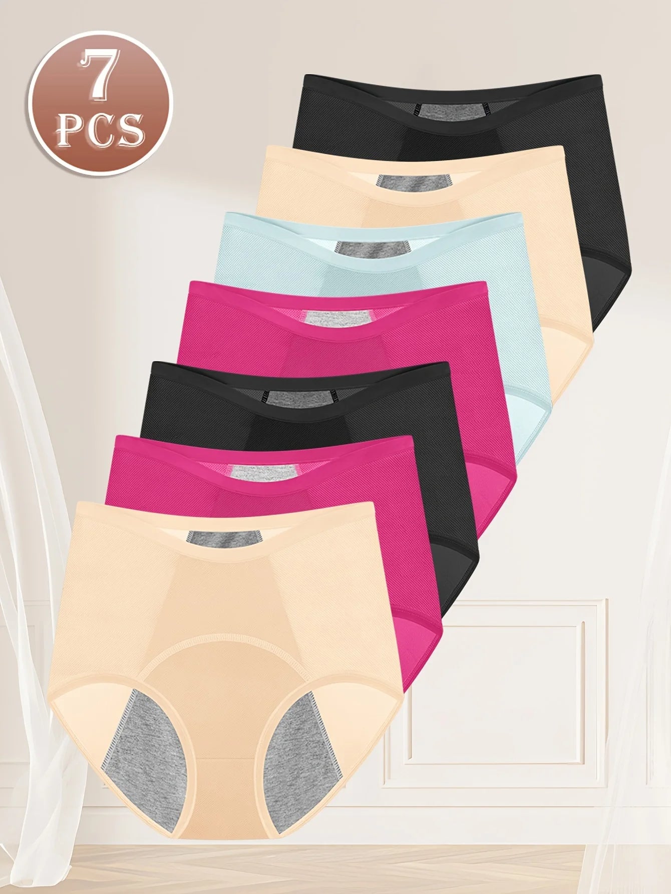 7-Pack Leak-Proof Menstrual Underwear for Women – Ice Silk | Breathable Mesh | High Waist | Tummy Control