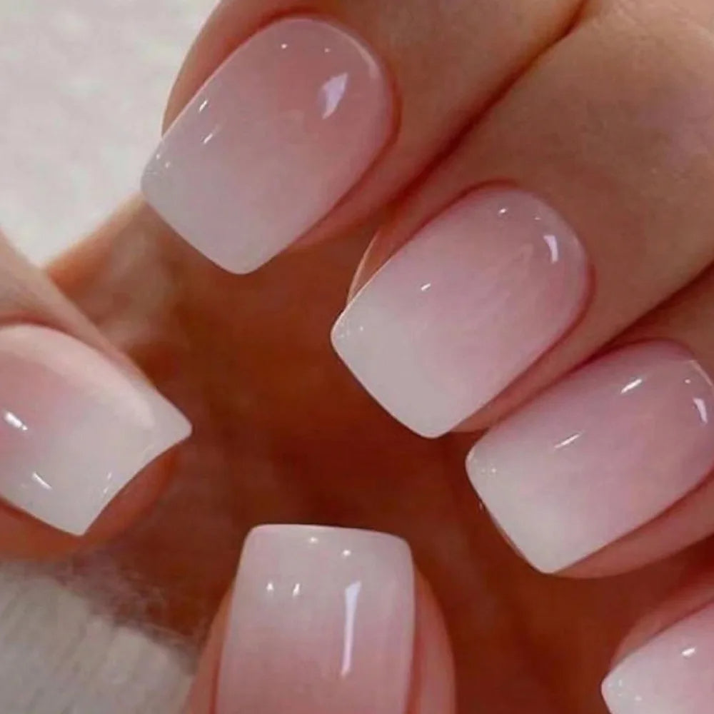 High quality Pink & White Gradient French Press-On Nails – Short Square Full Cover with Jelly Glue