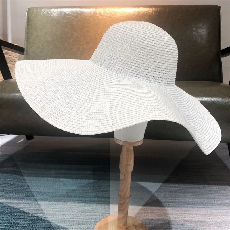 Women’s White Straw Sun Hat – 25cm Wide Brim | Ultra-Light & Breathable | Elegant Summer Travel Hat
