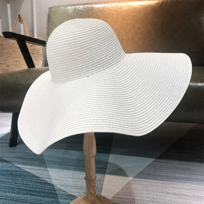 Women’s White Straw Sun Hat – 25cm Wide Brim | Ultra-Light & Breathable | Elegant Summer Travel Hat